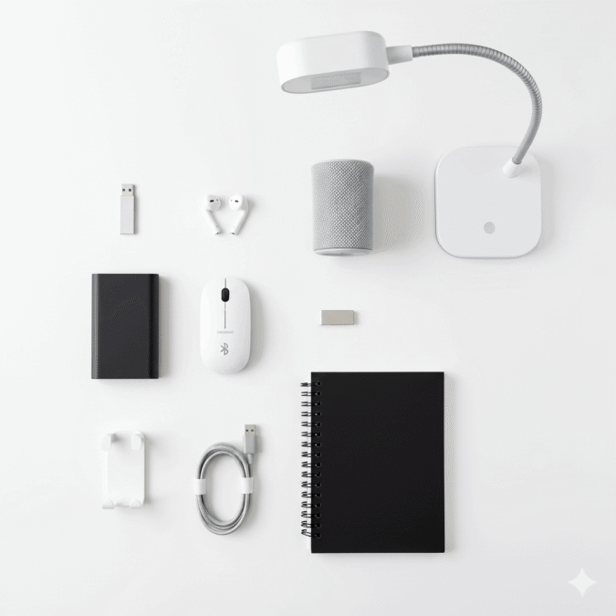 Affordable gadgets for students under 50 dollars displayed on a study desk, including power bank, wireless mouse, USB drive, and Bluetooth speaker.