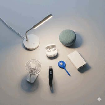 Smart gadgets under 30 dollars including earbuds, mini smart speaker, LED desk lamp, fitness tracker, and portable tech accessories arranged on a clean background.