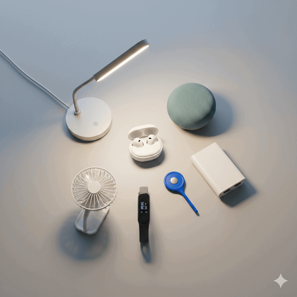 Smart gadgets under 30 dollars including earbuds, mini smart speaker, LED desk lamp, fitness tracker, and portable tech accessories arranged on a clean background.