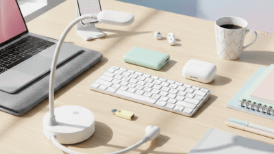 Budget tech accessories for students under 30 dollars, including wireless keyboard, mini power bank, LED study lamp, flash drive, and study desk setup.