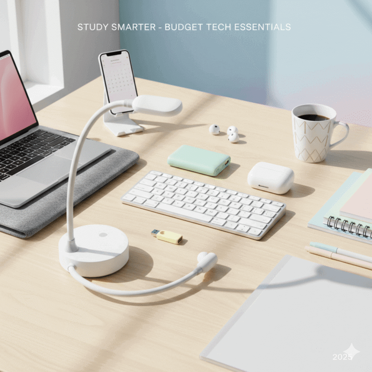 Budget tech accessories for students under 30 dollars, including wireless keyboard, mini power bank, LED study lamp, flash drive, and study desk setup.