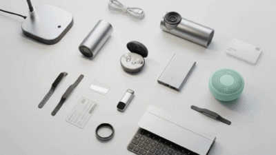 innovative mini gadgets 2026 compact smart tech devices on a modern desk