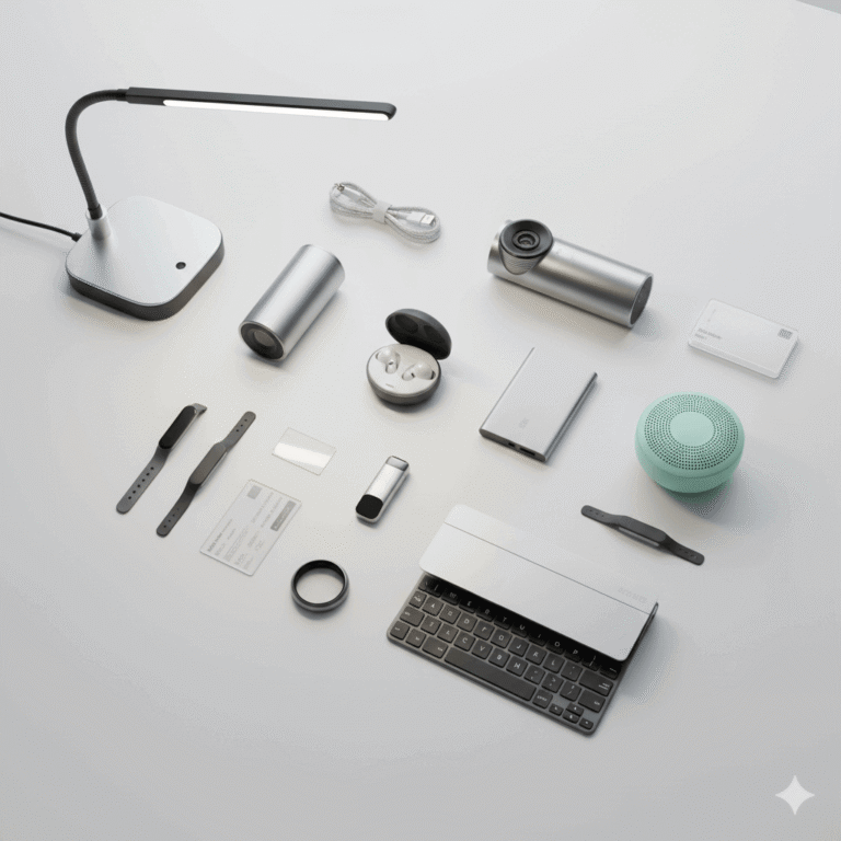 innovative mini gadgets 2026 compact smart tech devices on a modern desk