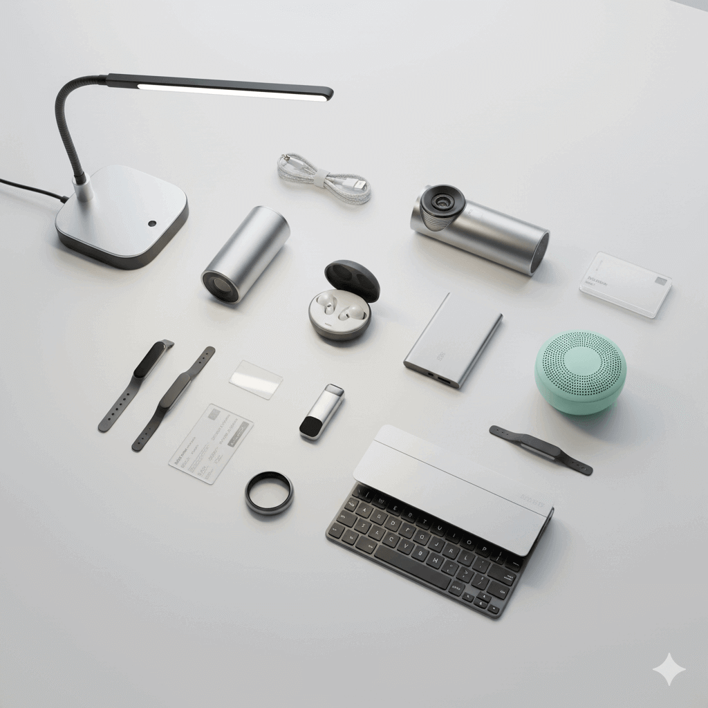 innovative mini gadgets 2026 compact smart tech devices on a modern desk