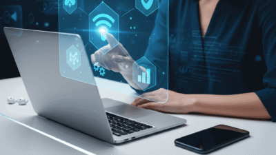 A modern digital workspace showing a laptop, smartphone, and holographic icons displaying tech tips to improve digital life.