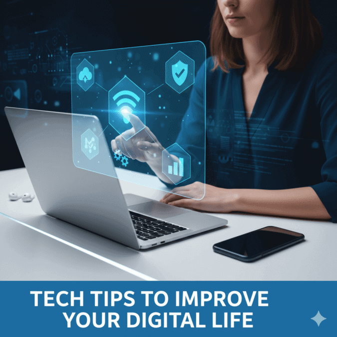 A modern digital workspace showing a laptop, smartphone, and holographic icons displaying tech tips to improve digital life.