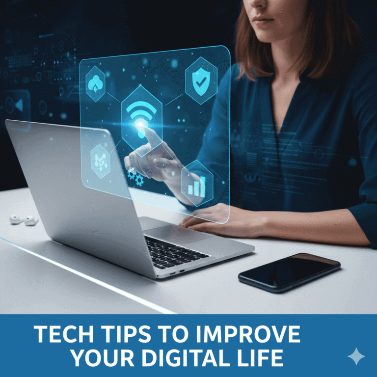 A modern digital workspace showing a laptop, smartphone, and holographic icons displaying tech tips to improve digital life.