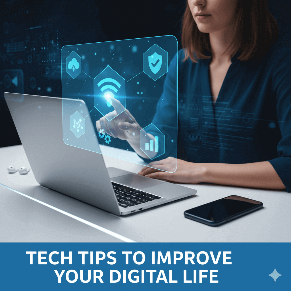 A modern digital workspace showing a laptop, smartphone, and holographic icons displaying tech tips to improve digital life.
