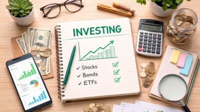 Flat lay of beginner investing tools including calculator, charts, notebook, and savings coins