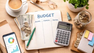 Flat lay of budgeting tools including calculator, notebook, cash, and savings jar on a desk