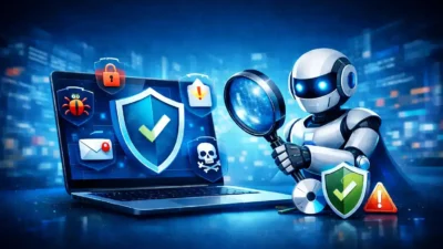 A futuristic cybersecurity scene with a robot inspecting a laptop shield, surrounded by security icons.