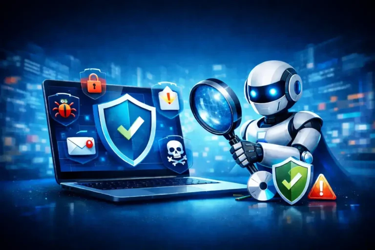 A futuristic cybersecurity scene with a robot inspecting a laptop shield, surrounded by security icons.