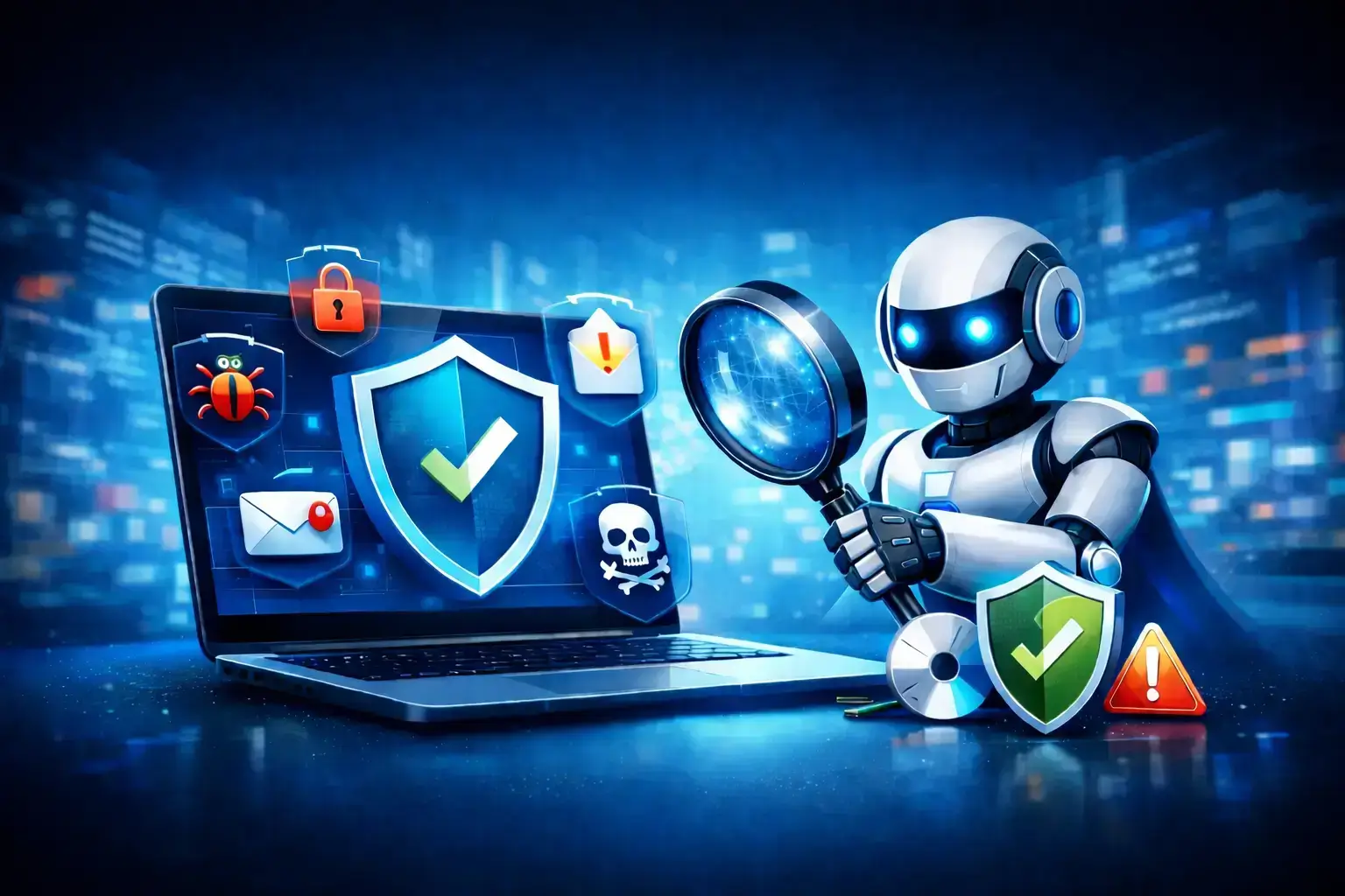 A futuristic cybersecurity scene with a robot inspecting a laptop shield, surrounded by security icons.