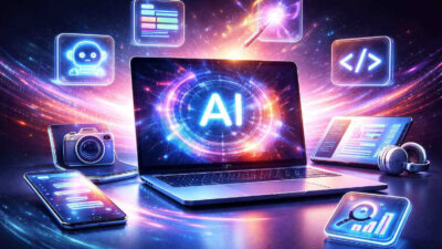 Futuristic digital composition featuring AI tools, including a laptop, 3D icons for coding, camera, and AI features, with surrounding devices.