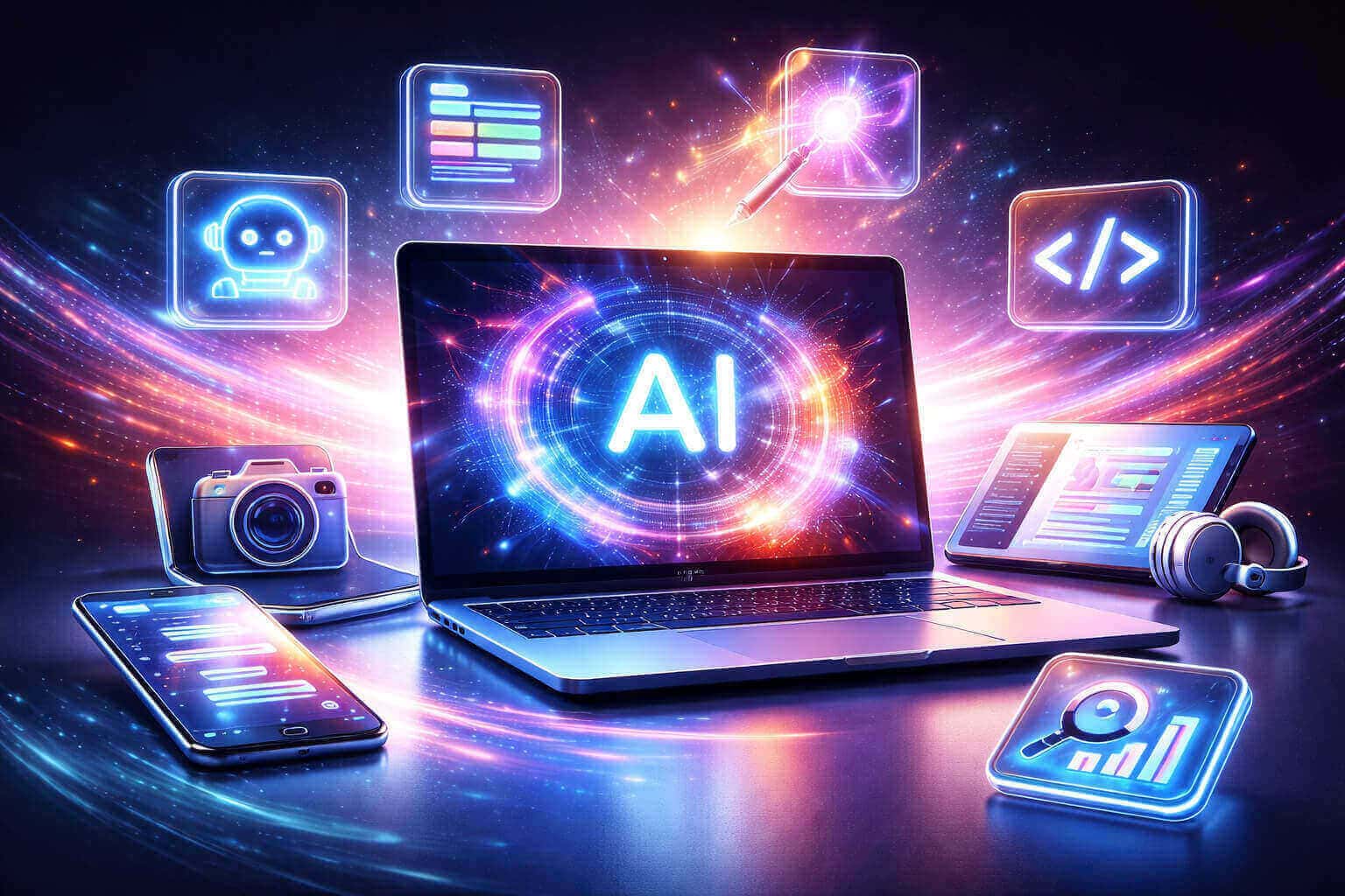Futuristic digital composition featuring AI tools, including a laptop, 3D icons for coding, camera, and AI features, with surrounding devices.