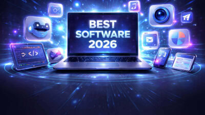 Futuristic digital scene with a laptop surrounded by 3D icons of software tools like AI and coding.