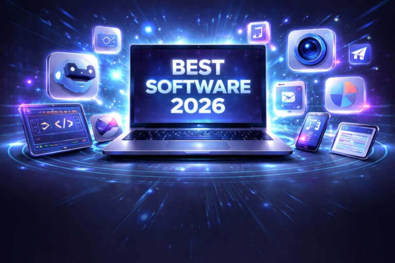 Futuristic digital scene with a laptop surrounded by 3D icons of software tools like AI and coding.