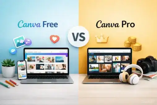 Canva Free vs Pro comparison with split background