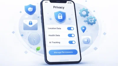 Smartphone privacy settings screen with data protection icons.