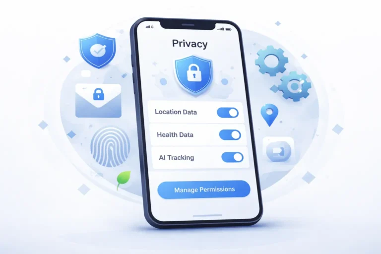 Smartphone privacy settings screen with data protection icons.