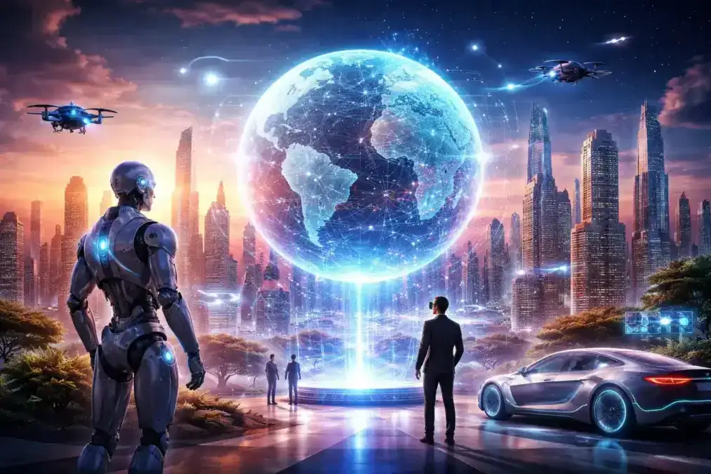 Futuristic cityscape with a humanoid robot, drones, self-driving car, and glowing digital globe.
