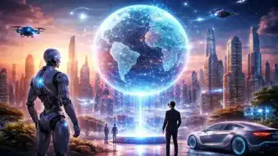 Futuristic cityscape with a humanoid robot, drones, self-driving car, and glowing digital globe.