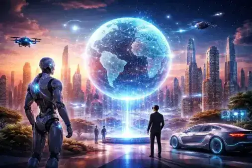 Futuristic cityscape with a humanoid robot, drones, self-driving car, and glowing digital globe.
