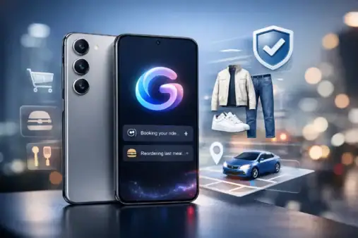 Samsung Galaxy S26 with Gemini AI, showcasing task management and smart features.