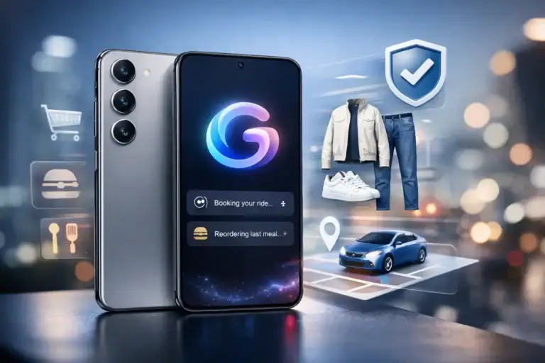 Samsung Galaxy S26 with Gemini AI, showcasing task management and smart features.