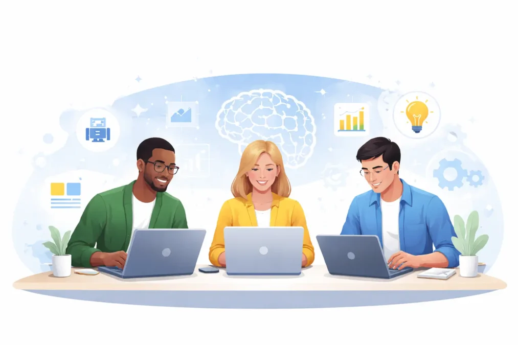 Three professionals working together in a modern office with AI-related graphics.