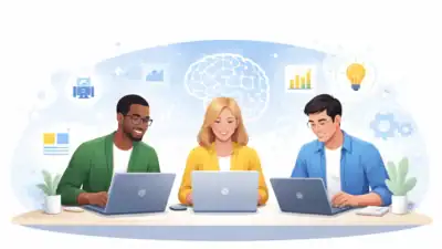 Three professionals working together in a modern office with AI-related graphics.