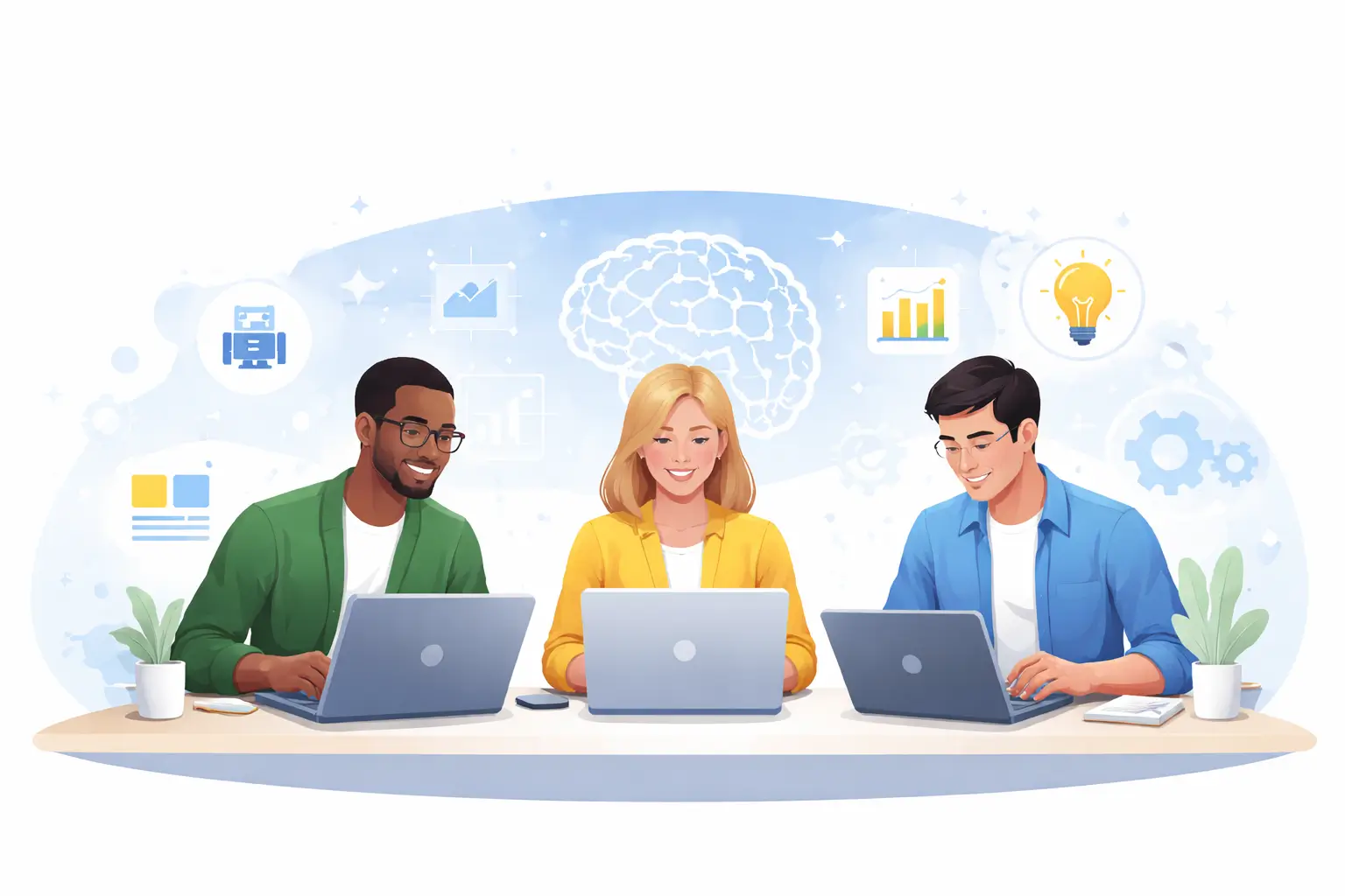 Three professionals working together in a modern office with AI-related graphics.