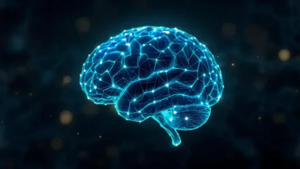 3D-rendered AI brain with glowing nodes, symbolizing machine learning.