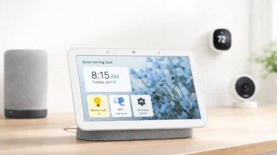 Google Nest Hub on a wooden surface, displaying smart home controls with a soft-focus background.