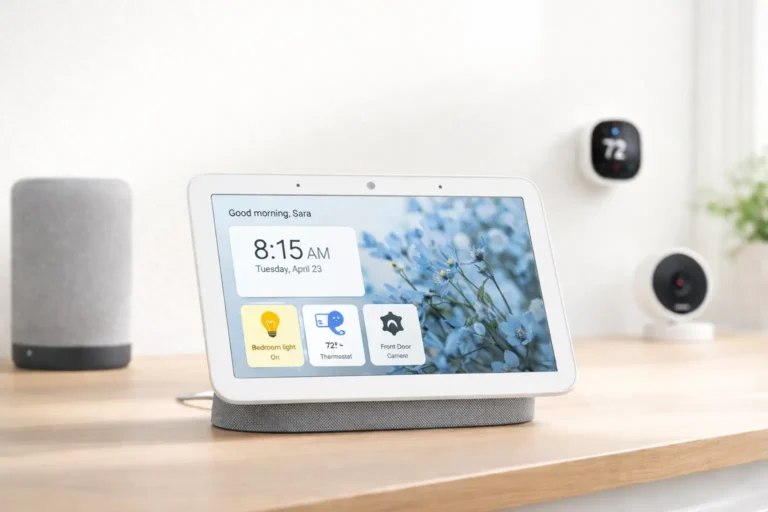 Google Nest Hub on a wooden surface, displaying smart home controls with a soft-focus background.