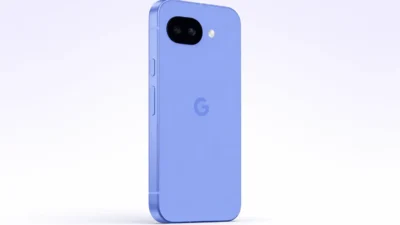 Google Pixel 10a in blue showing rear design and dual camera module on clean gradient background