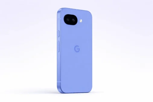Google Pixel 10a in blue showing rear design and dual camera module on clean gradient background