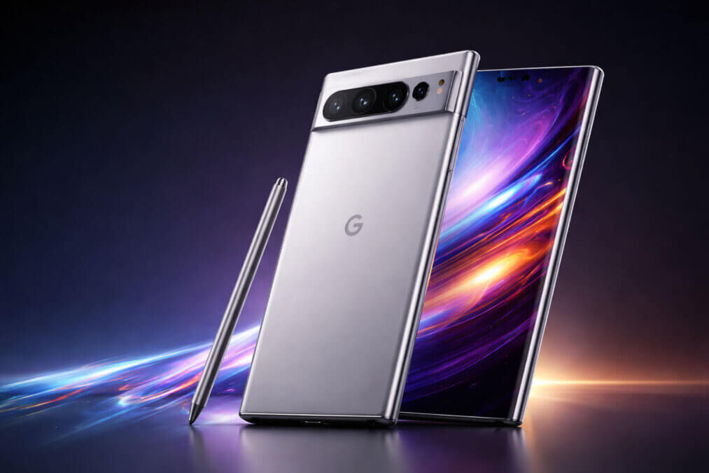 Close-up of the Google Pixel 12 Pro with a sleek silver design, triple-camera system, and vibrant OLED display.