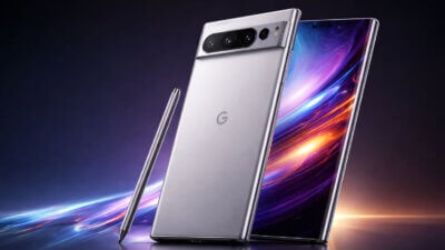 Close-up of the Google Pixel 12 Pro with a sleek silver design, triple-camera system, and vibrant OLED display.