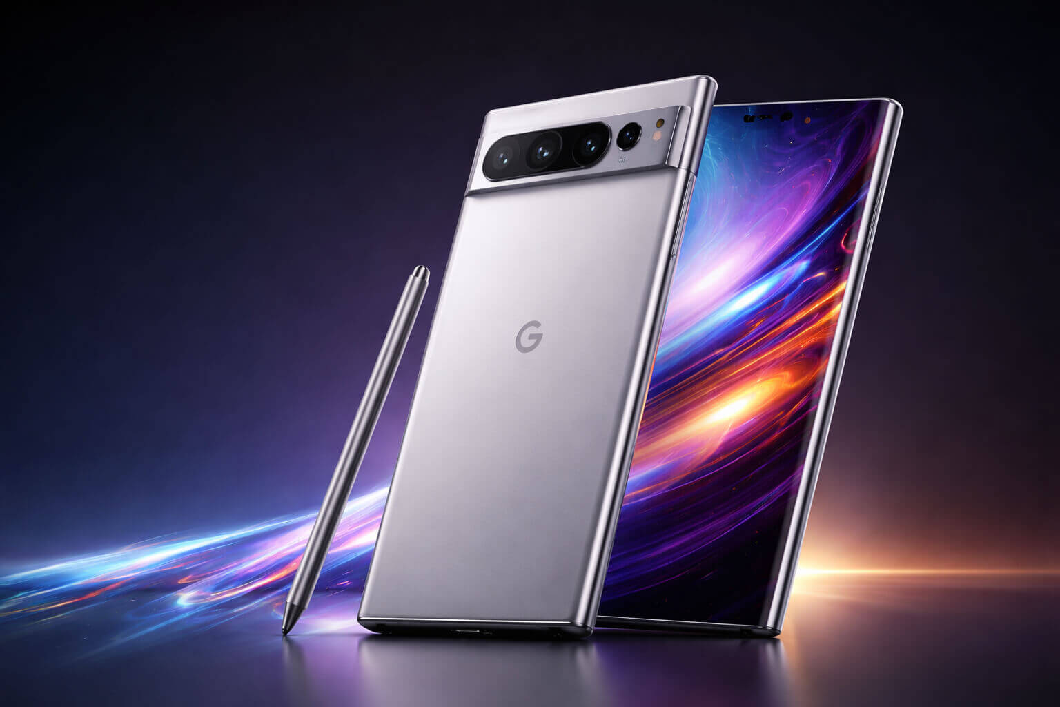 Close-up of the Google Pixel 12 Pro with a sleek silver design, triple-camera system, and vibrant OLED display.