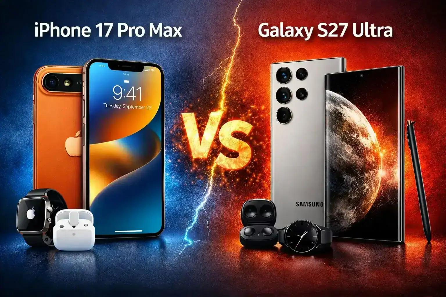 iPhone 17 Pro Max vs Samsung Galaxy S27 Ultra comparison featured image with both phones side by side.