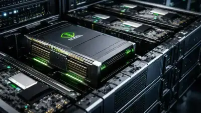 Close-up of a next-gen Nvidia AI GPU in a server rack.