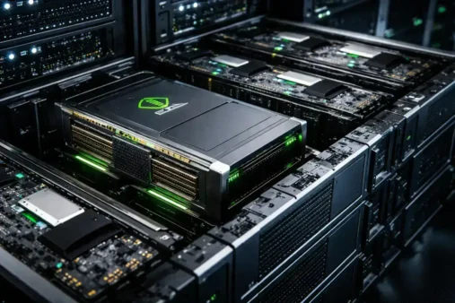 Close-up of a next-gen Nvidia AI GPU in a server rack.