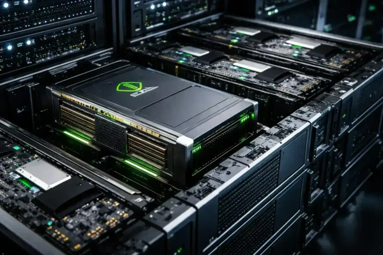 Close-up of a next-gen Nvidia AI GPU in a server rack.