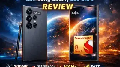 Samsung Galaxy S26 Ultra with 200MP camera, 144Hz display and Snapdragon 8 Gen 5 featured in review banner.