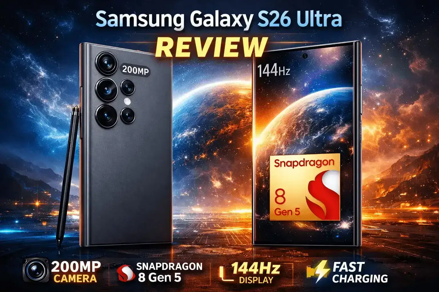 Samsung Galaxy S26 Ultra with 200MP camera, 144Hz display and Snapdragon 8 Gen 5 featured in review banner.