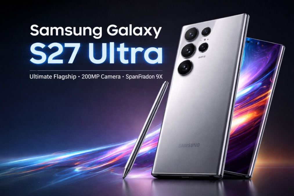 Samsung Galaxy S27 Ultra showcasing its sleek silver matte finish, 200MP camera setup, curved-edge display, and S Pen, with bold text highlighting key features like the 200MP camera and Snapdragon 9X processor.