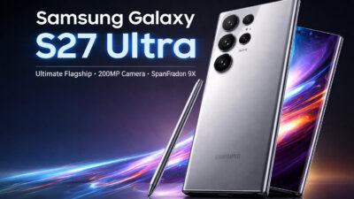 Samsung Galaxy S27 Ultra showcasing its sleek silver matte finish, 200MP camera setup, curved-edge display, and S Pen, with bold text highlighting key features like the 200MP camera and Snapdragon 9X processor.