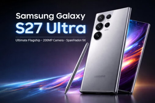 Samsung Galaxy S27 Ultra showcasing its sleek silver matte finish, 200MP camera setup, curved-edge display, and S Pen, with bold text highlighting key features like the 200MP camera and Snapdragon 9X processor.