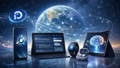 Samsung Galaxy devices connected through advanced AI in a futuristic smart ecosystem.